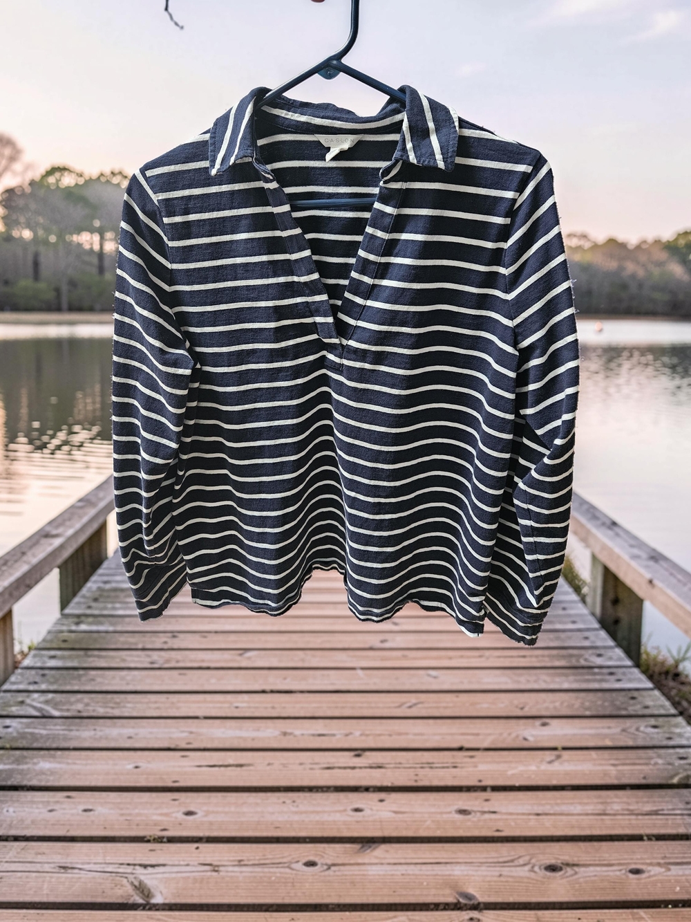Women's Navy & White Striped Long-Sleeve Polo Shirt